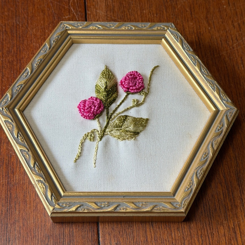 Vintage Handmade Floral Embroidery Roses Gold Hexagon Frame Wall Art 2001 Signed